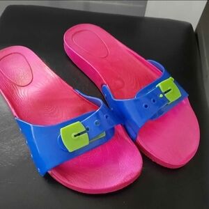 Women’s Bright Pink Slide Sandals with Blue Strap and Lime Buckle